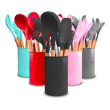 Kit C 12 Utensílios De Cozinha Silicone Cabo Madeira Cor Rosa