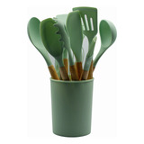 Kit C 12 Utensílios De Cozinha Silicone Cabo Madeira