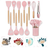 Kit C 12 Utensílios De Cozinha Silicone Cabo Madeira