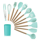 Kit C/12 Utensílios De Cozinha Silicone Cabo Madeira