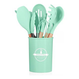 Kit C 12 Utensílios De Cozinha Silicone Cabo Madeira