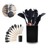 Kit C 12 Utensílios De Cozinha Silicone Preto Cabo Madeira