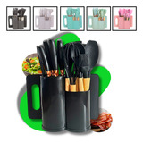 Kit C 19 Utensílios De Cozinha Silicone Cabo Madeira Facas