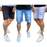 Kit C 3 Bermudas Masculinas Jeans Rasgadas Coleção Verão