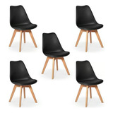 Kit C 5 Cadeira Leda Preta Charles Eames Wood Com Almofada