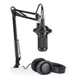 Kit C Microfone E Fone Audio Technica At2035pk Ath m20x Cor Preto