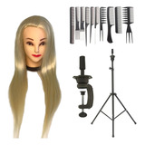 Kit Cabeça Boneca Sintética 55cm Suporte De Mesa Tripé