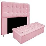 Kit Cabeceira E Calçadeira Baú Estofada Mel 160 Cm Queen Size Com Botonê Suede Rosa Bebê Doce Sonho Móveis