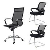 Kit Cadeiras Escritorio Presidente Eames 2 Fixas Tela Mesh Cor Preto