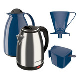 Kit Café Chaleira Elétrica 110v Garrafa 650ml Filtro Coador Cor Azul