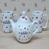 Kit Café Gratidão Porcelana Bule Chaleira 500ml 2 Canecas 300ml