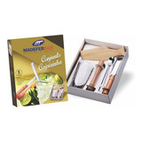 Kit Caipirinha 5 Pçs Faca Colher Inox Copo Vidro Pilão Tabua