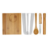 Kit Caipirinha 5pç Faca Colher Bamboo Copo Vidro Pilão Tabua