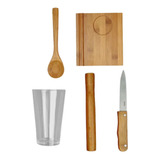Kit Caipirinha 5pç Faca Colher Bamboo Copo Vidro Pilão Tabua