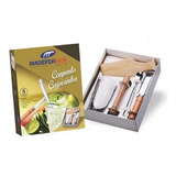 Kit Caipirinha Colher Inox Copo Vidro Tabua Socador Madeira