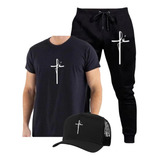 Kit Calça Moletom Camiseta Boné Fé Religião Oferta Full