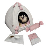 Kit Cama Toca Pet Grid Prata Rose C Edredom Tapete Almofada