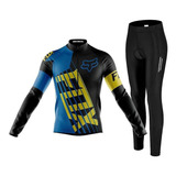 Kit Camisa Ciclismo Fox Azul Longa C Calça Espuma Uv Decole