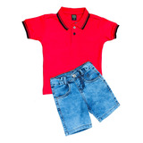 Kit Camisa Polo Infantil Bermuda Jeans Menino 1 E 2 Oferta