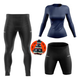 Kit Camisa Uv Azul Marinho Calça Bermuda Forro Em Gel