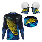 Kit Camiseta Pesca Buff Com Proteção Solar Bandana Mascara