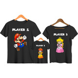 Kit Camisetas Família 3 Pçs Pai Mae Filha Player Mario