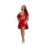 Kit Camisola Sexy Com Robe Em Renda Lingerie Noite Feminina Com Bojo Forrado Conjunto Sensual De Dormir Em Microfibra Com Manga 3-4 Alças Reguláveis -Vermelho- G-