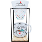 Kit Caneca C Coador Em Porcelana Suporte Frases Decoradas Cor Branco Menina