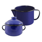 Kit Caneca Esmaltada Com Bico 1l Açucareiro C Tampa Ágata