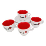 Kit Canecas De Café 80 Ml Estampa Coração Interior Vermelho