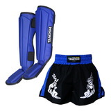 Kit Caneleira E Shorts Trng Azul Muaythai Sanda Kick Mma