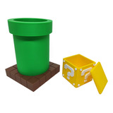 Kit Cano E Cubo Porta Objetos Caneta 3d Mario Gamer Mesa Esc