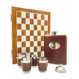 Kit Cantil De Bolso Copos Inox Jogo Xadrez Tabuleiro Maleta