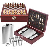 Kit Cantil De Bolso Inox Whisky Jogo De Xadrez Maleta 6 Pçs