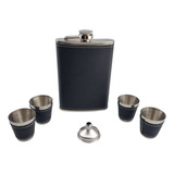 Kit Cantil Inox Com Funil E 4 Copos Revestido Em Couro Preto