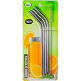 Kit Canudos Aço Inox Curvo Escova Limpeza Reutilizável
