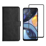 Kit Capa Case Carteira Flip P Motorola Moto G22 Pelicula Cor Preto