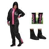 Kit Capa De Chuva Motoqueiro Feminina Pvc Pantaneiro GG   Polaina PVC Meia Sola Preta Com Rosa