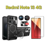 Kit Capa E Película Vidro 3d Para Redmi Note 13 4g Capinha Case Magnética Com Suporte Anel 360 Armadura Militar Anti Queda Aj Shops