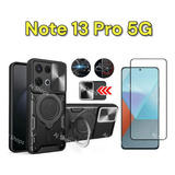 Kit Capa E Película Vidro 3d Para Redmi Note 13 Pro 5g Capinha Case Magnética Com Suporte Anel 360 Armadura Militar Anti Queda Aj Shops