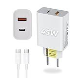 Kit Carregador Super Turbo 45W Porta Dupla USB C USB A Cabo Tipo C De 1m Compatível Com Samsung Motorola IPhone 15 Tablets Notebooks Branco Premium 