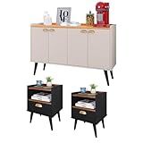 Kit Casa Completa 2 Mesas Cabeceira Estilo Mesinhas Lateral Cama Aparador Buffet Kiev Cantinho Café Cozinha Sala Estar - RPM Móveis -Preto-Freijó - Off-Cinamomo-