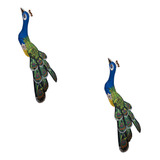 Kit Casal Escultura Pavão Em Madeira Artesanal Azul Lindo