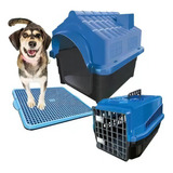 Kit Casinha Caixa De Transporte E Sanitário Pet Dog N4 Mec Cor Azul
