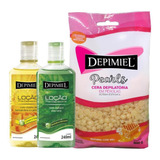 Kit Cera Pérolas Mel E Loção Pós E Pré Depilatório Depimiel