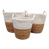 Kit Cesto De Seagrass Natural Oval Com Alça De Couro Branco