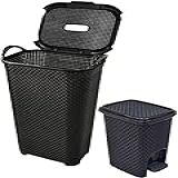 KIT Cesto Rattan Tampa Basculada 50 Litros Lixeira Com Pedal 7 Litros Preto Organização E Designer Moderno