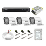 Kit Cftv Hikvision Dvr 4ch M1 3 Câmera Colorvu Full Hd 1080p