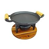 Kit Chapa E Fogareiro De Ferro Fundido Com Suporte De Madeira Tábua De Churrasco Para Fogão A Lenha Gás Bifeteira Alça De Madeira Frigideira Para Preparar E Servir Carne Batata Petisco Porção