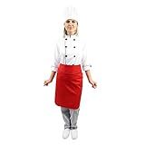 Kit Chef Cozinha Feminino Dolmã Manga 3 4 Avental Vermelho Chapéu Branco